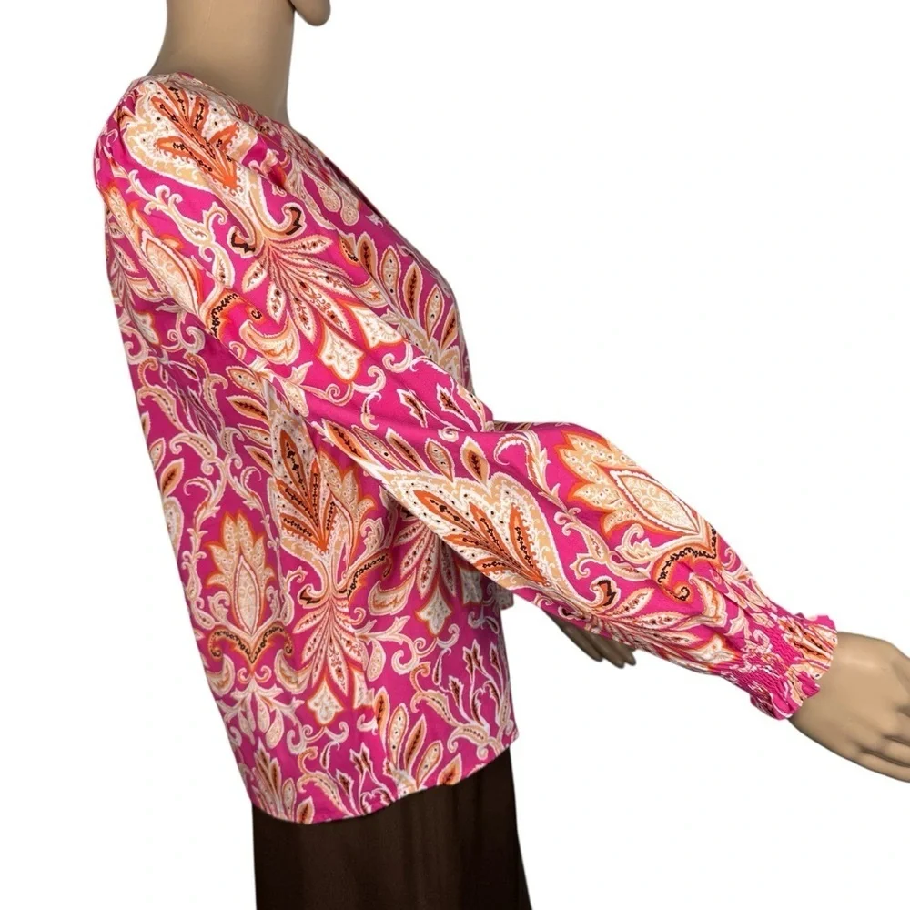 NWT New LOFT Paisley Smocked Cuff V-Neck Cotton Blend Blouse Size XS